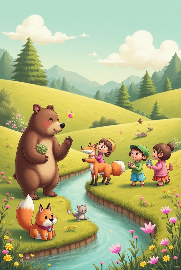 Create a drawing that includes animals, humans, and plants 
