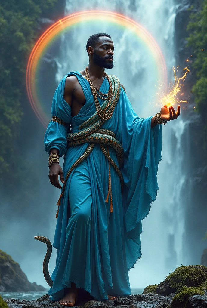 Orisha Black Man, light blue clothes, with a multicolored snake coiled around its body, in a waterfall, with a bright rainbow coming out of his hand