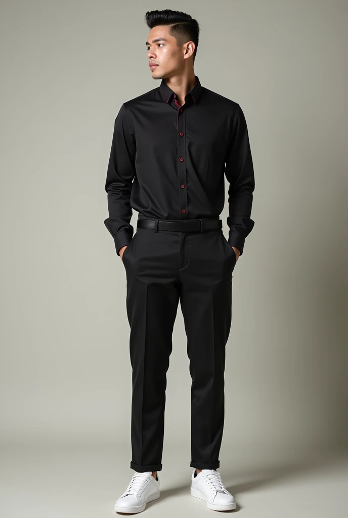Man with a smart casual outfit containing white Nike sneakers, black pants and black dress shirt with burgundy details
