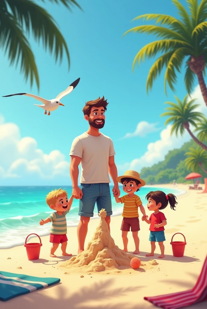 Create a father with 3 children on the beach 
