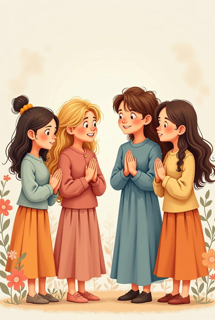 Four friends cute drawing, curly hair prayers, one blonde and one brunette