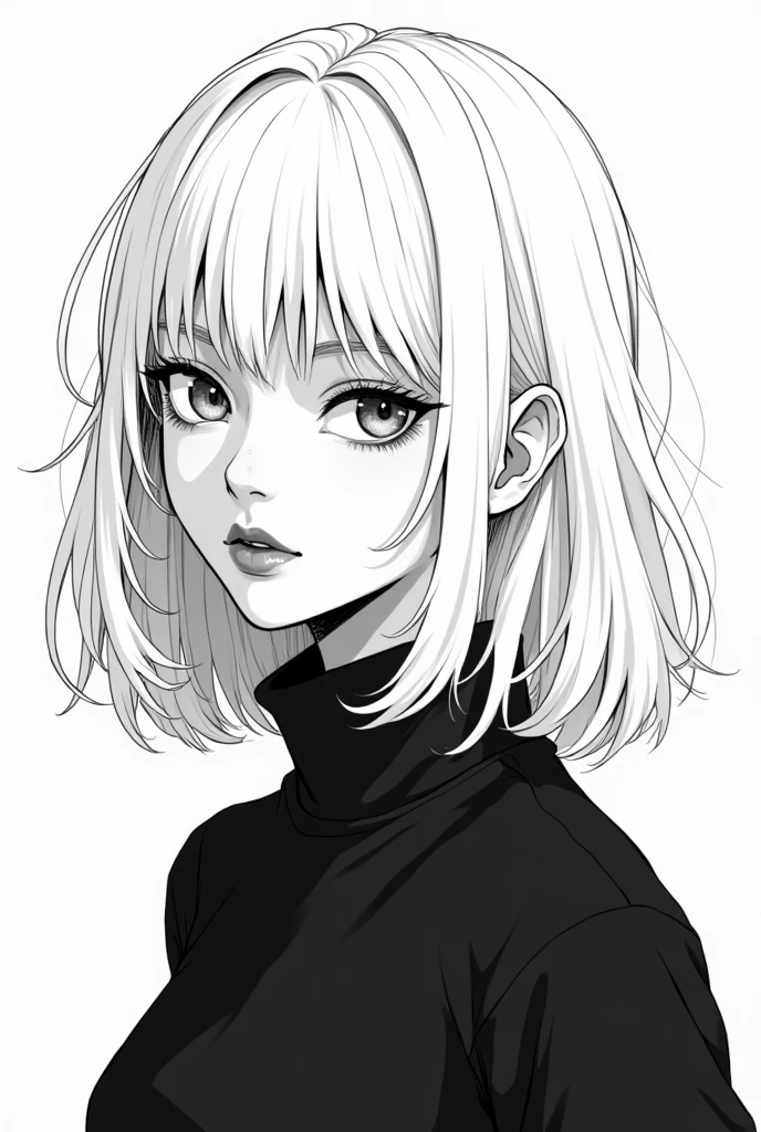 Black and white manga illustration of a girl with shoulder-length white hair wearing a pullover and glossy lips.