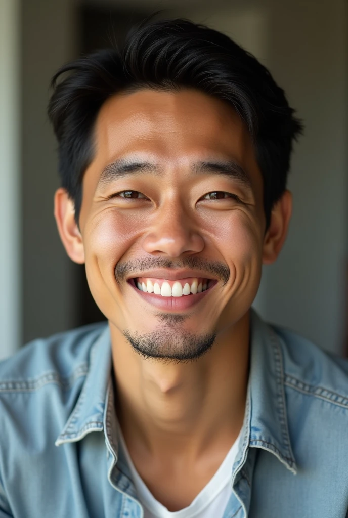 A happy 30-year-old man with a little bit of Japanese and Brazilian ancestry, show only from the bust up to the face