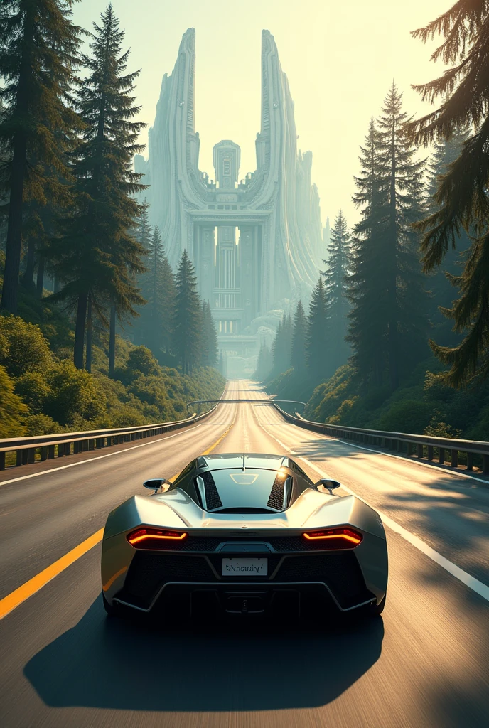 8k, hyper detailed, trippy and shapeshifting city landscape, realistic, Trippy futuristic sportcar driving in a washington highway, coming to the camera, front facing cars, full of trees, daylight
