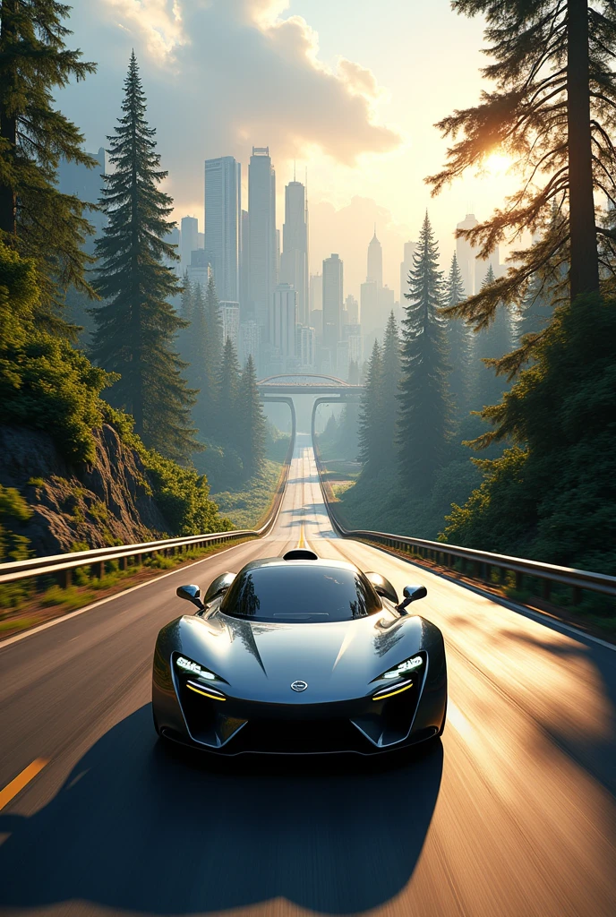 8k, hyper detailed, trippy and shapeshifting city landscape, realistic, Trippy futuristic sportcar driving in a washington highway, coming to the camera, front facing cars, full of trees, daylight