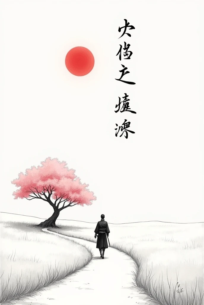 black and white drawing in Japanese style, Samurai in the distance (man, adult person) walking along a path through a field, a single pink cherry blossom tree nearby, Red moon in the sky, The picture above shows a Japanese kanji "quiet". Everything is harmonious around