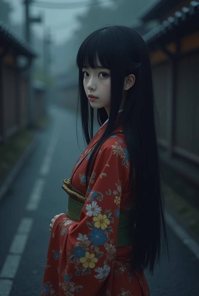 Japanese women。Black Hair。Fair skin。kimono。Long Hair。Gazing wistfully from the dark road ahead.

More realistically.。Bangs are straight。