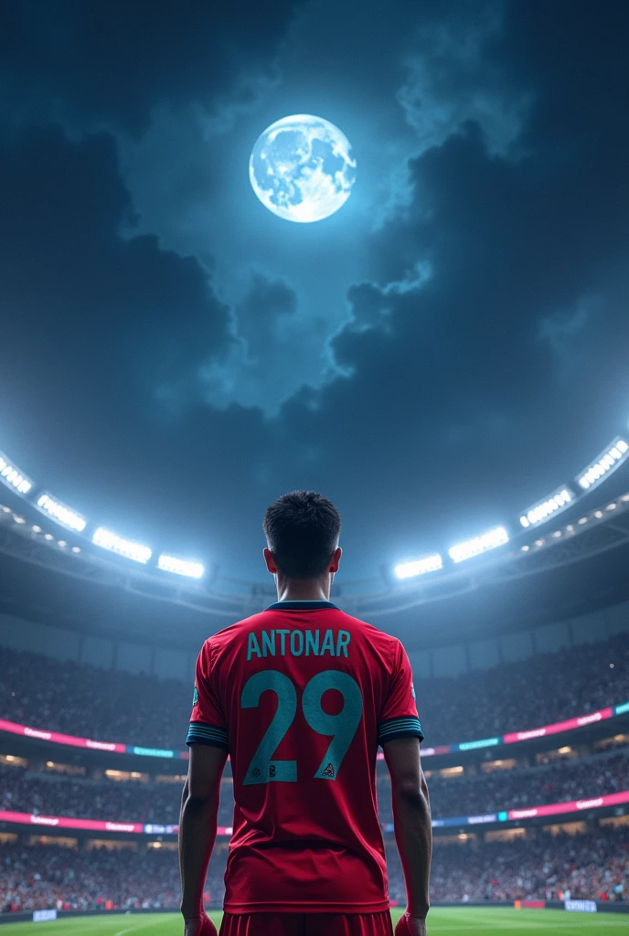 Energetic young man wearing the Miami jersey number 29 with the name Antonar, with my back facing the entrance of a football stadium looking up at the sky seeing the moon in profile