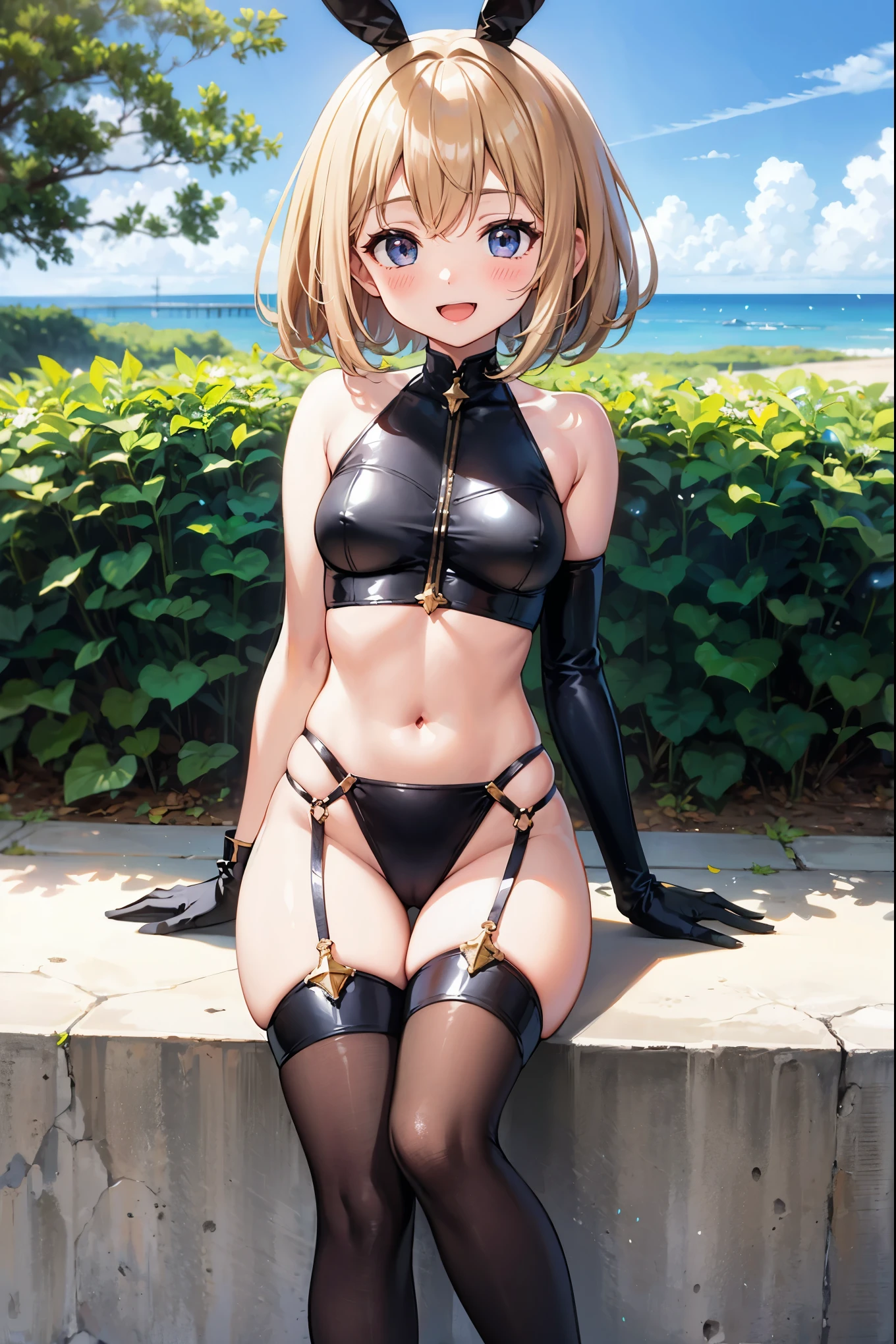 GRANBLUEfantasy,1young_teen_ girl,brown_hair,medium_bob_hair,platina_blond_hair,white_leotard,covered_crotch,thigh-highs,smile,standing,bluesky_landscape_background,slightly_spread_legs,happiness, short_gloves ,solo, r18, navel,relicbuster,short,boots,open_mouth,sitting,knees,blush,shy,bunny_ears