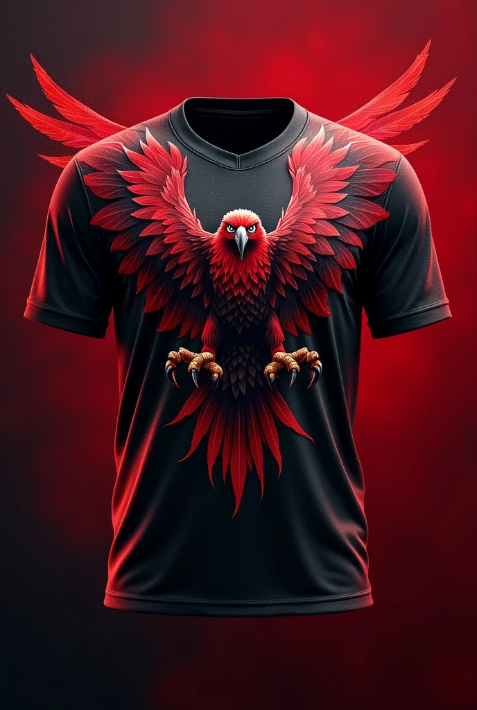 Team jersey with a hawk drawn on it and a red and black background