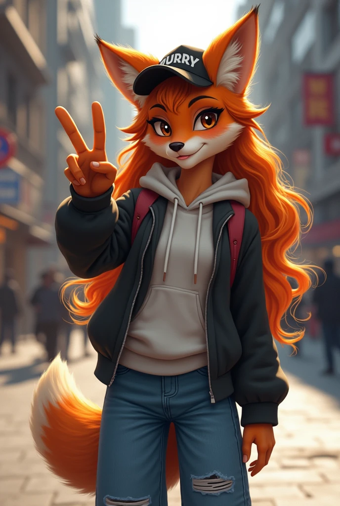 Furry fox girl on the street of the city, very fashionable, stylishly dressed, street style clothes, wide jeans, hoodie, baseball cap, sneakers, shows the viewer the V gesture, winks, long wavy orange locks of hair, high detail, filigree, high definition, texture smoothing, realistic brush strokes, looks like a realistic photo, Furry fox girl is shown in detail, Ultra-realistic rendering of details, Stunningly realistic graphics, Very detailed photo