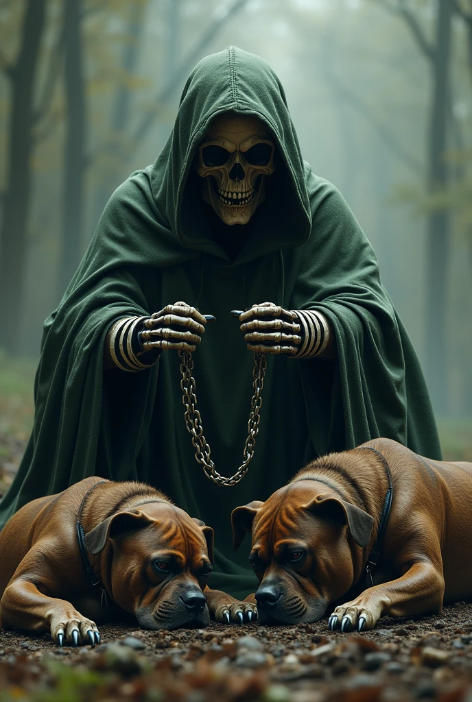 The holy death hooded skull clutching two bad pit bulls who look dead showing their teeth with chains and a military green Mitsubishi Evo X 
