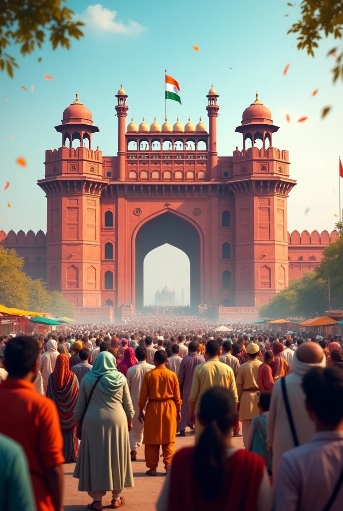 Happy independence day in India  lal kila in front and Muslim's crowd 