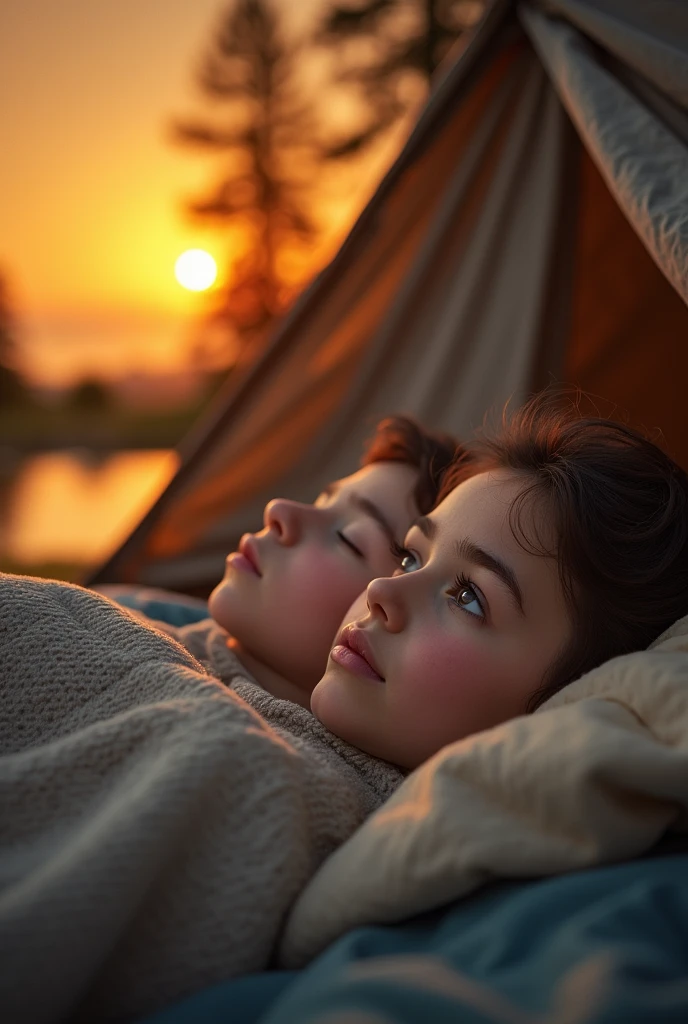 a girl and a boy relaxing in a tent by a lake, beautiful detailed eyes, beautiful detailed lips, extremely detailed eyes and face, long eyelashes, intimate moment, romantic, soft lighting, warm colors, realistic, photorealistic, photo-realistic:1.37, best quality,4k,8k,highres,masterpiece:1.2,ultra-detailed,vivid colors,natural setting,scenic landscape