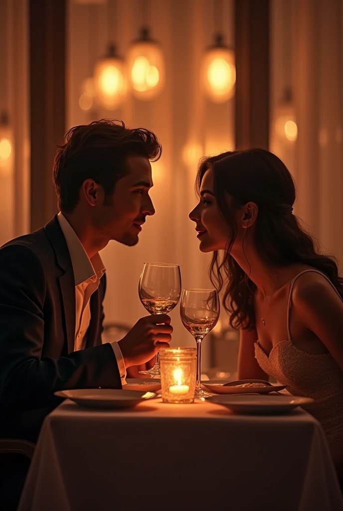 Couple sitting at the table, eating something and drinking wine, with a very happy vibe and with love, the two look at each other., dark ambiance in a restaurant
