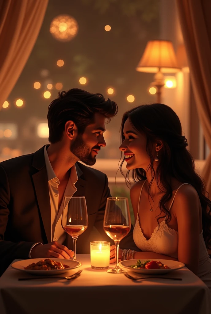 Couple sitting at the table, eating something and drinking wine, with a very happy vibe and with love, the two look at each other., dark ambiance in a restaurant