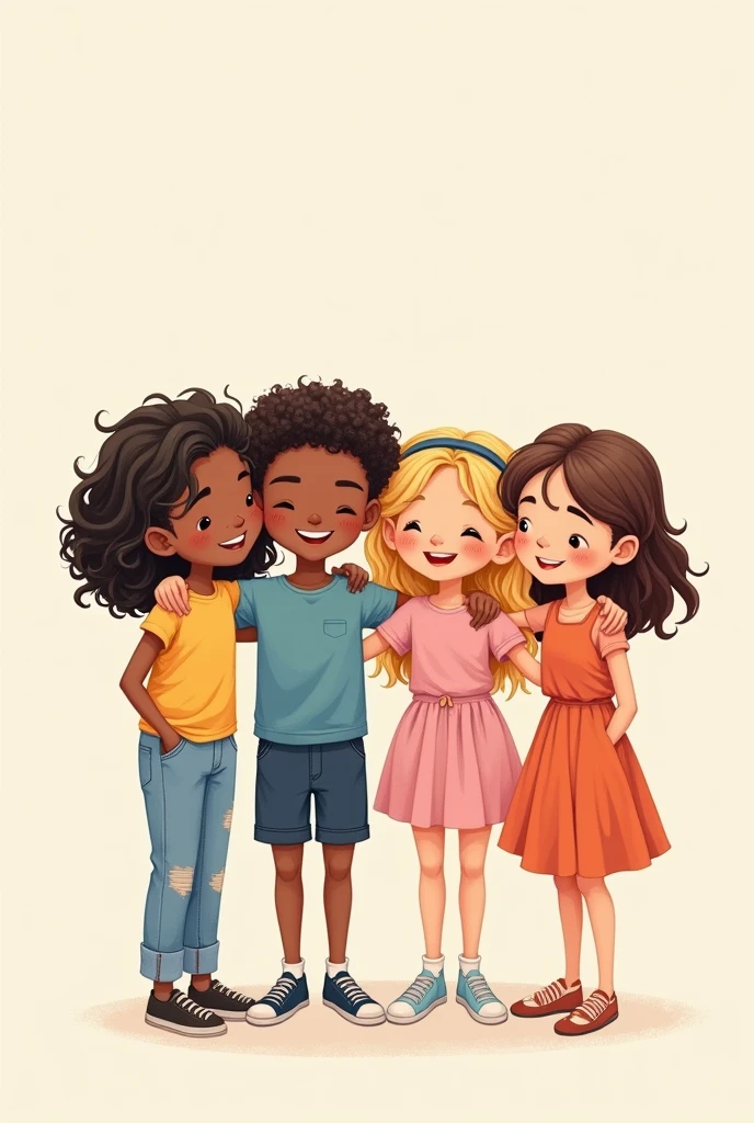 Four friends cute drawing, two black women with curly hair, one blonde and one brunette