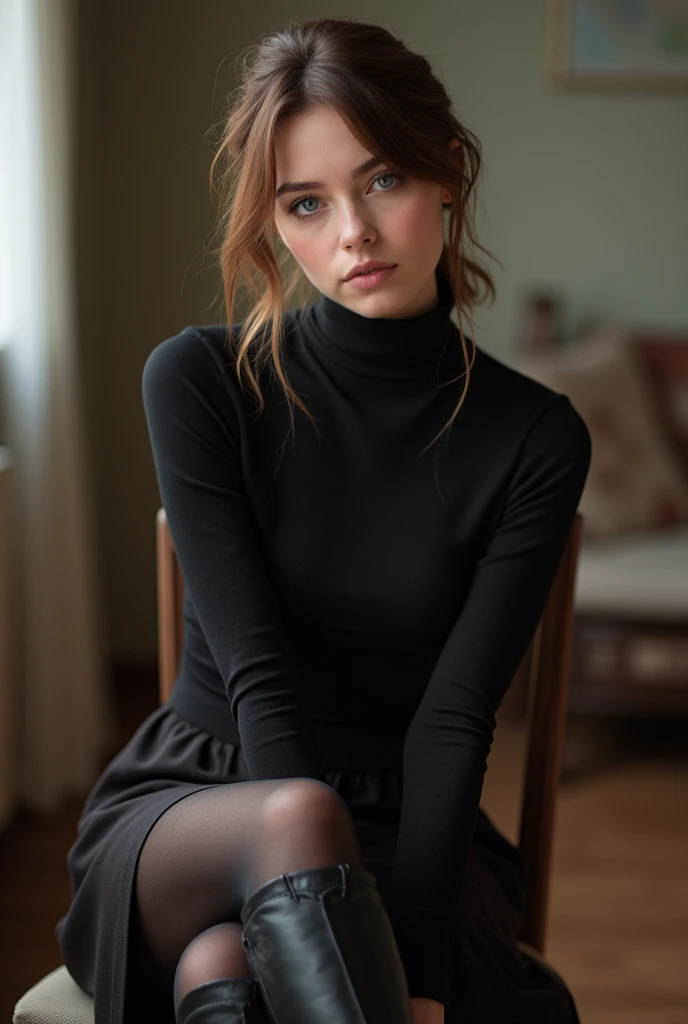 brown hair color、short hair、hair pulled back、ponytail、cute face、 she wears a turtleneck and a skirt.、she has blue eyes、black pantyhose、sitting on a chair、crossed legs、wearing black knee high boots、adult german woman、full body portrait、indoor.、