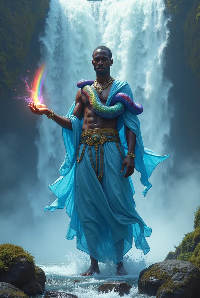 Orisha Black Man, light blue clothes, with a multicolored snake coiled around its body, in a waterfall, with a bright rainbow coming out of his hand
