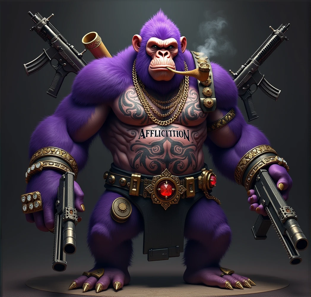 Purple Ape, With giant and high-caliber weapons, wearing an Affliction brand shirt, tattooed, with huge diamond and gold rings, smoking with a pipe