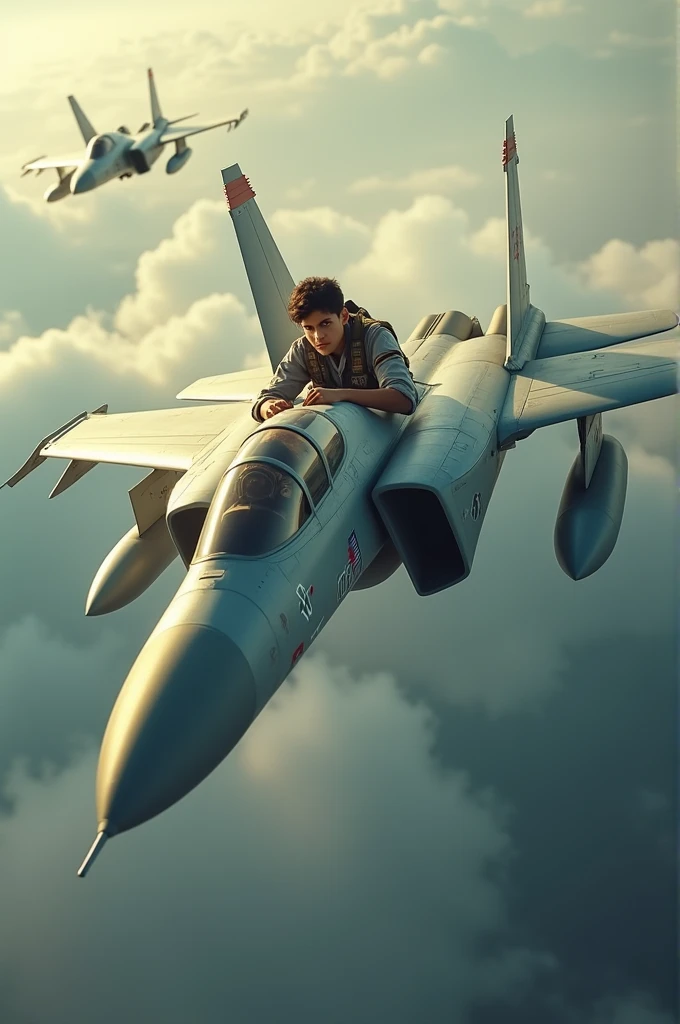 A boy of 16years flying the indian jet in sky and the fog of indian colour written name nitish yadav