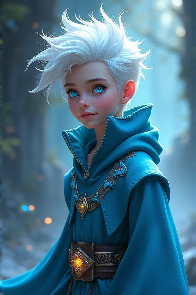 He has white hair with blue tips, he's a wizard, his eye color is light blue, and he's young.