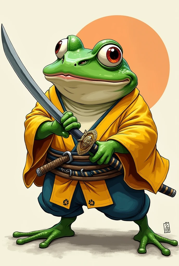 Caricature of a frog, wearing yellow haori, wielding a samurai sword