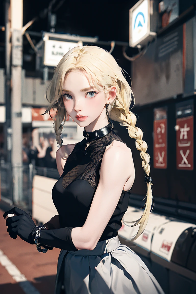 Large Breasts, 8k, masterpiece, RAW Photos, Highest quality, detailed:1.2),Realistic, extremely detaileded CG unity 8k wallpaper, Lens flare, (Very beautiful face, Beautiful red lips, Beautiful Eyes), intricate detailed face, ((ultra detaileded skin)), One person, cute, (slim, Toned, muscular body:1.3), (Raced ドレス), (((city night, (Neon Signs), (night))), pantyhose, (((blue eyes))), ((Upper Body Shot)), とてもslim, ((((Blonde hair twin braids)))), (((Silver: pink: Skirt Dresses: gloves Race)))))), 3d, Rich colors, (Black Makeup:1.3), (Race stockings with garters, cord trim, Race), (Intricate detaileded multi-layer bodysiut lacy Race-upp), neckRace, bRacelet,Browsing Caution
