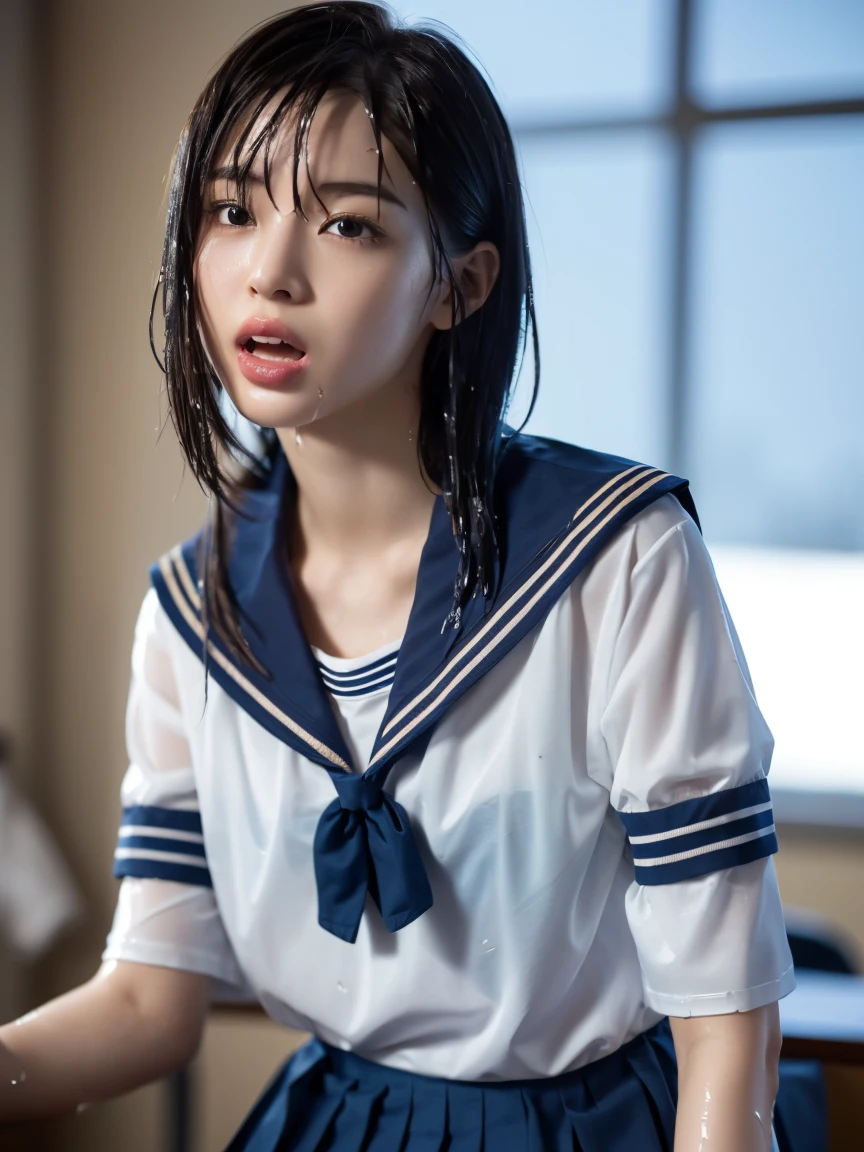 (masterpiece:1.2), Very detailed, Ultra-high resolution, (Realistic, photo Realistic:1.6), High-resolution RAW color photos, Professional photos, Sharp focus:1.2, (Very detailed顔と肌の質感, Very beautiful eyes, Glossのある肌, Glowing Skin, Glowing Skin, Shining Face, Gloss, Oily skin, greasy face, Oily skin, greasy face,),, (real Glossのある肌 texture), Perfect Anatomy, Very detailed背景,(High school classroom at night),25-year-old woman, Japanese women,Height: 168cm,(short hair, Straight hair, bangs, Brown Hair),((Flat Chest:1.6)),(Slender legs), ((((White short-sleeved sailor suit、Navy blue pleated skirt:1.5))),(Leaning forward、Touching the desk、look back)、(((Adult Toys))),(((Reaching orgasm:1.4))),(((Wet and sheer sailor suit:1.4)))