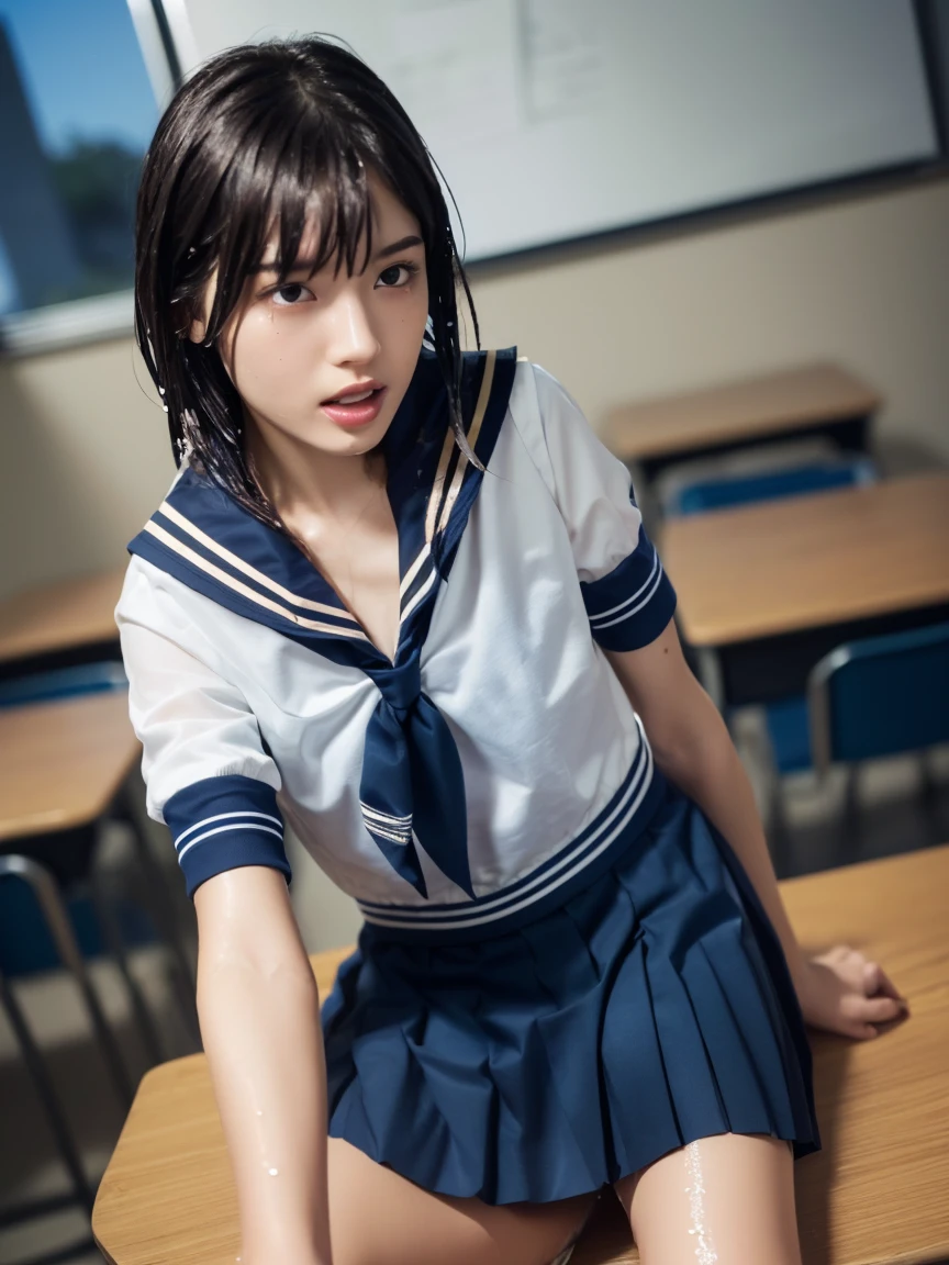 (masterpiece:1.2), Very detailed, Ultra-high resolution, (Realistic, photo Realistic:1.6), High-resolution RAW color photos, Professional photos, Sharp focus:1.2, (Very detailed顔と肌の質感, Very beautiful eyes, Glossのある肌, Glowing Skin, Glowing Skin, Shining Face, Gloss, Oily skin, greasy face, Oily skin, greasy face,),, (real Glossのある肌 texture), Perfect Anatomy, Very detailed背景,(High school classroom at night),25-year-old woman, Japanese women,Height: 168cm,(short hair, Straight hair, bangs, Brown Hair),((Flat Chest:1.6)),(Slender legs), ((((White short-sleeved sailor suit、Navy blue pleated skirt:1.5))),(Leaning forward、Touching the desk、look back)、(((Adult Toys))),(((Reaching orgasm:1.4))),(((Wet and sheer sailor suit:1.4)))
