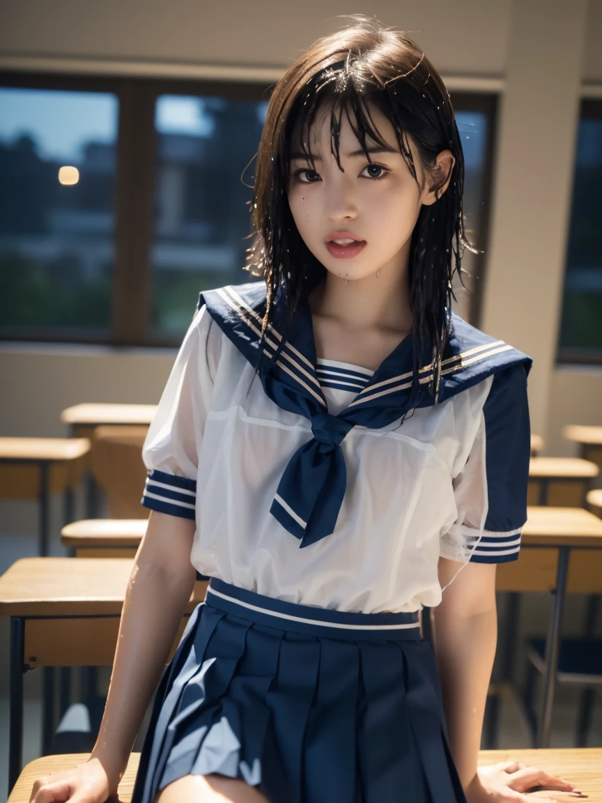 (masterpiece:1.2), Very detailed, Ultra-high resolution, (Realistic, photo Realistic:1.6), High-resolution RAW color photos, Professional photos, Sharp focus:1.2, (Very detailed顔と肌の質感, Very beautiful eyes, Glossのある肌, Glowing Skin, Glowing Skin, Shining Face, Gloss, Oily skin, greasy face, Oily skin, greasy face,),, (real Glossのある肌 texture), Perfect Anatomy, Very detailed背景,(High school classroom at night),25-year-old woman, Japanese women,Height: 168cm,(short hair, Straight hair, bangs, Brown Hair),((Flat Chest:1.6)),(Slender legs), ((((White short-sleeved sailor suit、Navy blue pleated skirt:1.5))),(Leaning forward、Touching the desk、look back)、(((Adult Toys))),(((Reaching orgasm:1.4))),(((Wet and sheer sailor suit:1.4)))