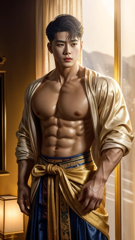 disconsolate，Ambient，artistic conception，large scene，The wind blew up the white curtains，Dattain lamps，Diffuse light，chest muscle，Shirtless, stubbles, Sideburns, musculature, Strong handsome korean  guy， a golden statue of handsome men god , multiple hands holding some weapons, , Hanfu，Golden blue、Jing Qing Moqing、jackson wang, Plain cherry blue，Junyi，Dignified atmosphere，Temperament，Short hair, Flat-headed beautiful man，The light is gentle，The scene comes to life