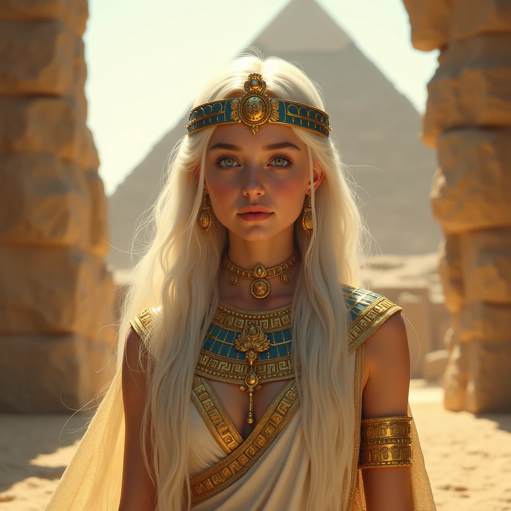 A white-haired girl wearing Egyptian clothes like a golden Egyptian goddess,I want the pyramids of Egypt in the background of the photo,I want her with lots of gold