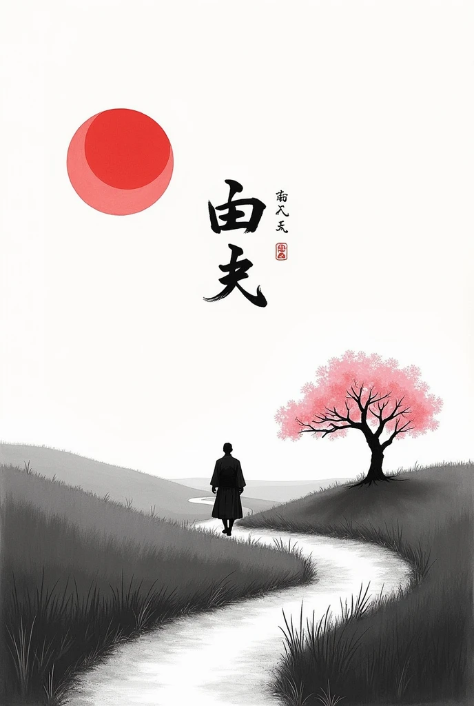 black and white drawing in Japanese style, Samurai in the distance (man, adult person) walking along a path through a field, a single pink cherry blossom tree nearby, Red moon in the sky, The picture above shows a Japanese kanji "quiet". Everything is harmonious around