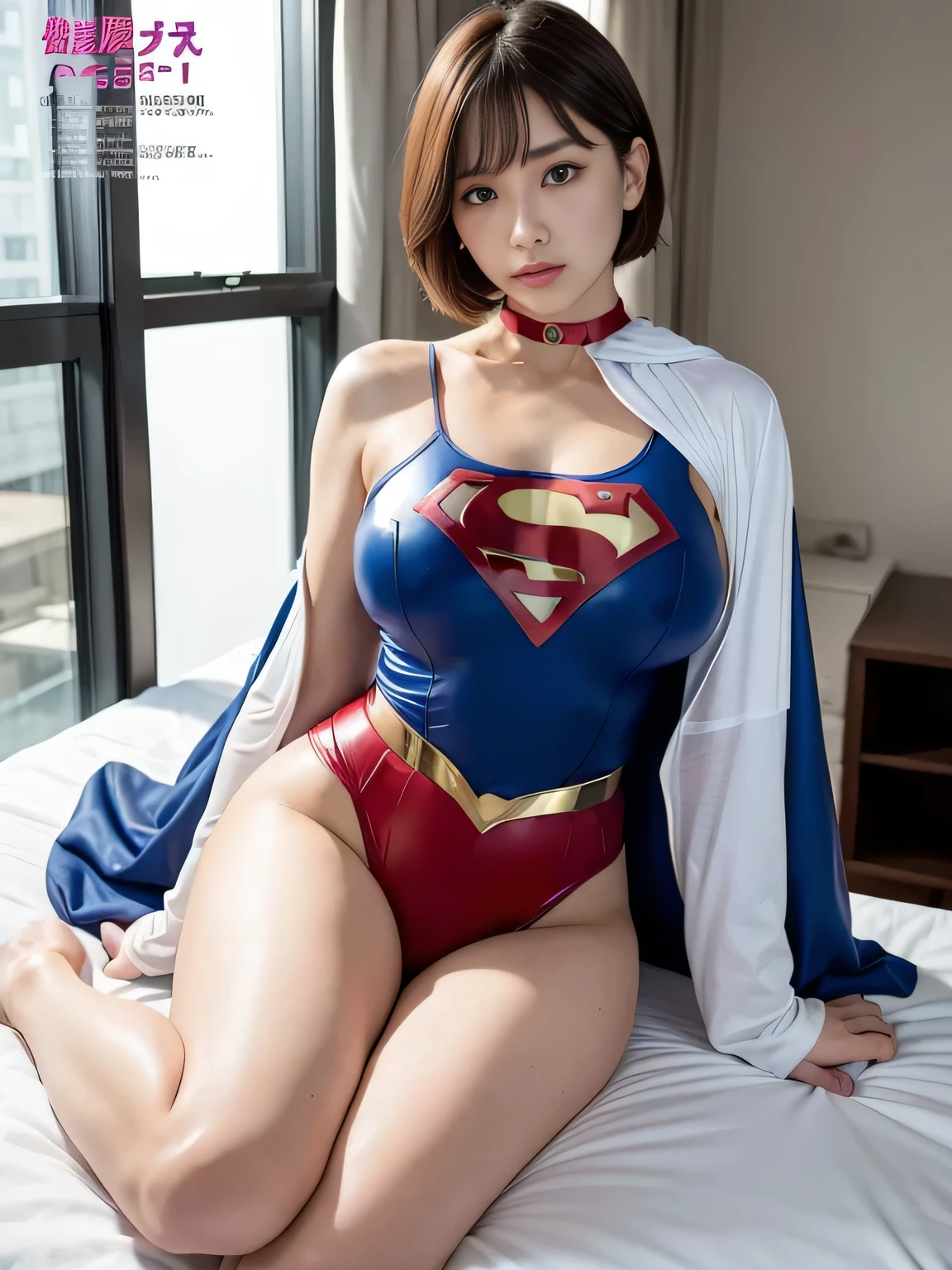 masterpiece、Rubber Supergirl Costume、Short Hair、Sitting deep in the hospital bed、Crisis situation、Big and ample breasts、looking at the camera、Shiny、Off the shoulder、choker、Long sleeve、exy poses to seduce、Sweaty skin、Model body type、Alluring、charm、Enchanting、Abused、test subject、victim、Wild、Photorealistic、latex、Expose your belly、athlete、High leg leotard、Photo magazine cover、Cape、Glamorous cleavage、barefoot、Young wife in her 20s、