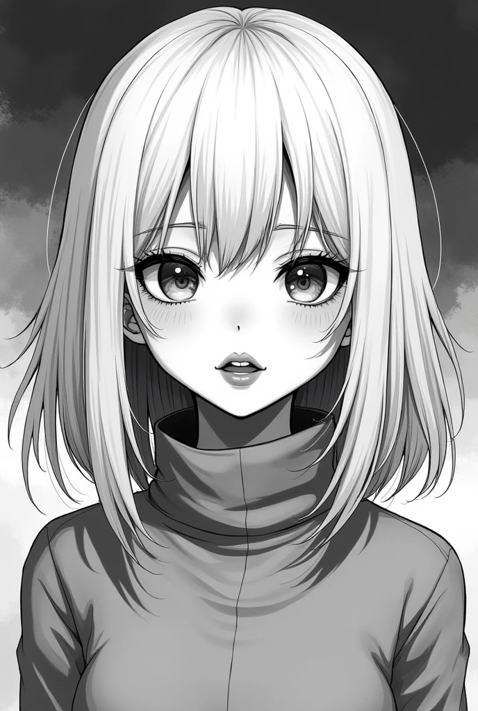 Black and white manga illustration of a girl with shoulder-length white hair wearing a pullover and glossy lips.