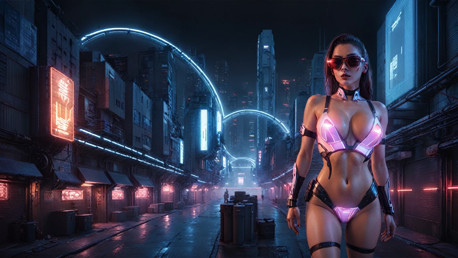 (High view). There's a cyborg woman (8k) wearing a futuristic leotard (best quality) standing in a cyberpunk city alley at night, darksynth aesthetic, red neons, haze, 1drone, foggy night, ultra detailed, photorealistic, (1girl, solo, alone), large-breast:1.2 slim body, cleavage:1.1, (black sunglasses), (holding a pistol), half-body thigh level medium shot, cinematic lighting, ray tracing.