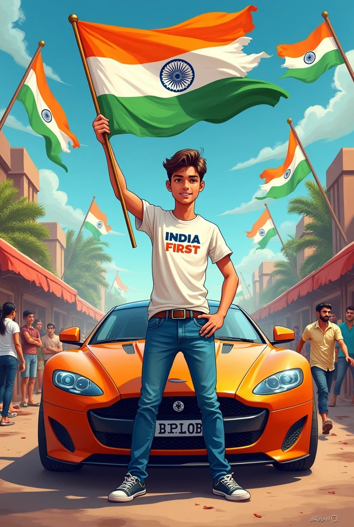 Illustration of an 18-year-old Indian boy standing next to a luxury car, holding the Indian flag high. The background features a colorful Indian street filled with children running with flags, vendors selling sweets, and a group of men chatting at a tea shop. The boy is wearing jeans and a white t-shirt with ‘BIPLOB’ on it, and the text ‘India First’ is written in 3D at the top