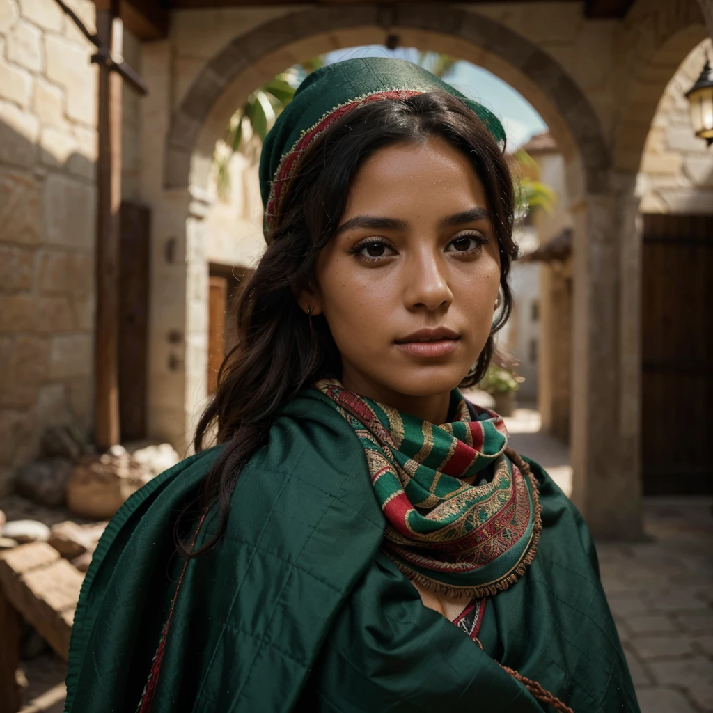 the most beautiful woman, face of a beautiful Latina woman, tan skin, long black curly hair, wears a cloth scarf on her head, wears typical Mexican red and green wool clothing, she is in a 19th century tropical seaport, Ultra detailed, hyper realistic, 4k, Ultra detailed image, realistic, Highly detailed, perfect composition, splendid, Intricately detailed, Incredibly detailed, 8 k artistic photography, hyper detailed, Masterpiece