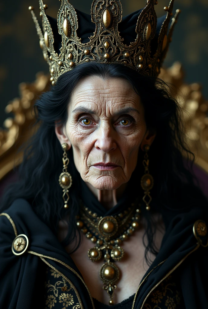 An ugly woman with wrinkles , with black hair , dressed in black and gold, wearing black jewelry and a black crown 