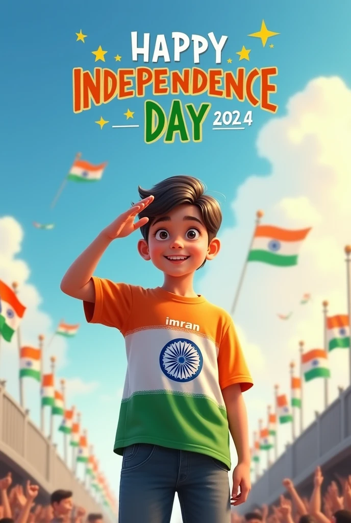 A young healthy boy stands proudly under a clear blue sky, celebrating Independence Day on August 15th, 2024. He is wearing a vibrant tricolor T-shirt with his name "imran" printed on the back, along with a large image of the Ashoka Chakra. The sky above him features the words "Happy Independence Day 2024" in bold, festive letters. Indian flags are flying around him, and a sense of national pride fills the air as he salutes, symbolizing his love for the country.