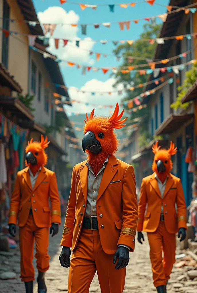 Image of a street in a Brazilian favela in Rio de Janeiro with several pirates with orange parrot heads wearing orange suits 
