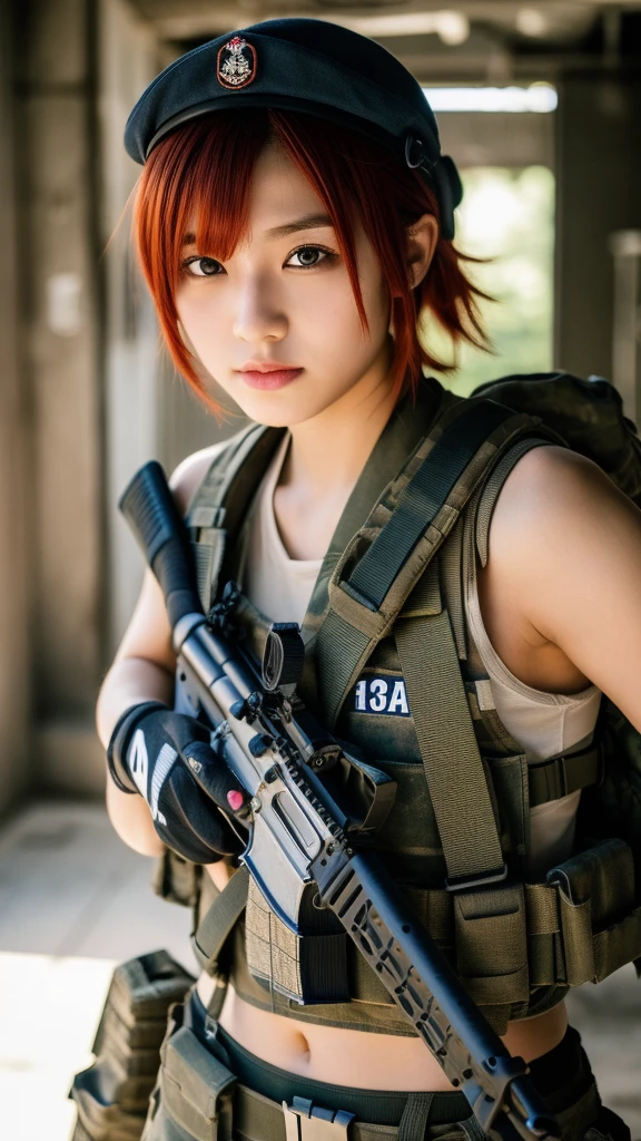 (masterpiece, ultra-detailed, ultra-realistic, best quality, clear focus, photorealistic), (ultra-high resolution, 8k:1.3), cinematic color-grading film, dramatic scenes, shadow, global-illumination, perfect anatomy, perfect face, (detailed face, detailed eye:1.3), (20 years old Japanese punk rock girl:1.2), (red hair:1.3), (experienced soldier:1.2), professional light, (boyish cool Japanese face:1.3), (Fully equipped for battle:1.3), (holding m4a1 large assault rifle:1.4), (long barrel rifle:1.3), (Strong willed expression:1.2), (afraid:1.3), (wearing a cute punk rock styled soldier's outfits made of leather with military helmet:1.2), slim waist, (at a battle field of Abandoned Building at night), flash light, (explosion:1.4), very large breasts, tactical vest, military harness, face focus,