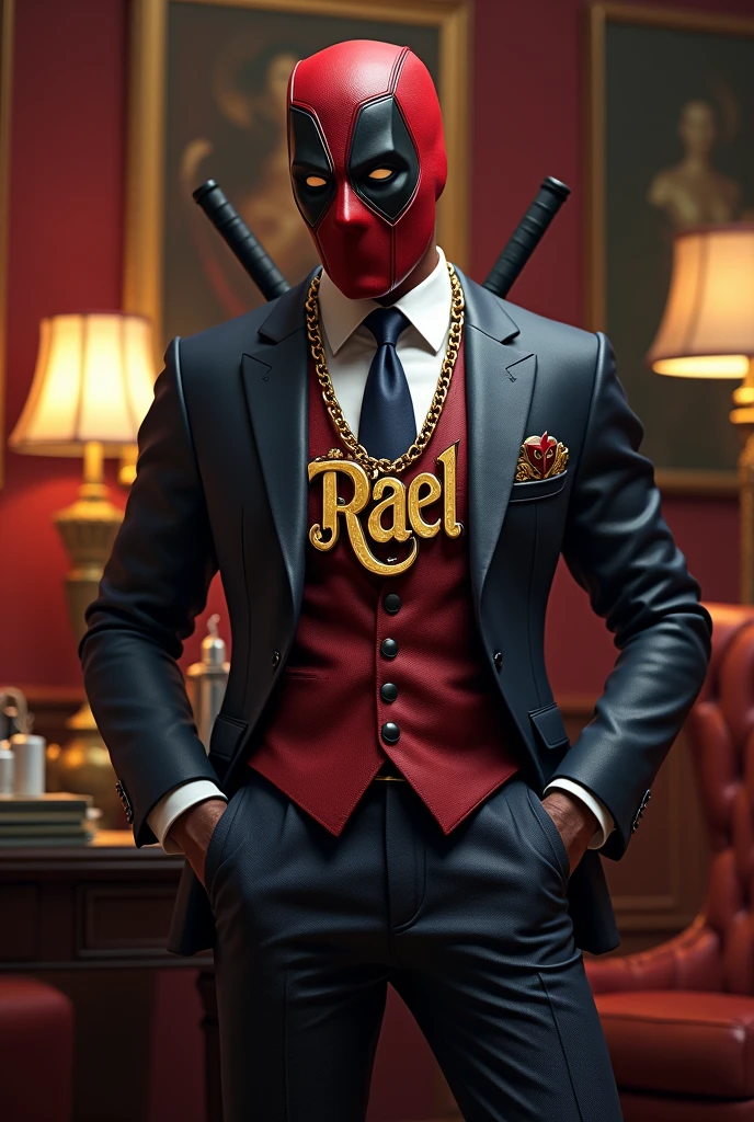 Create an image of the character Deadpool as a millionaire, wearing a chain necklace with the name 'Rael' written on the pendant. The letters on the pendant should be prominent and eye-catching.