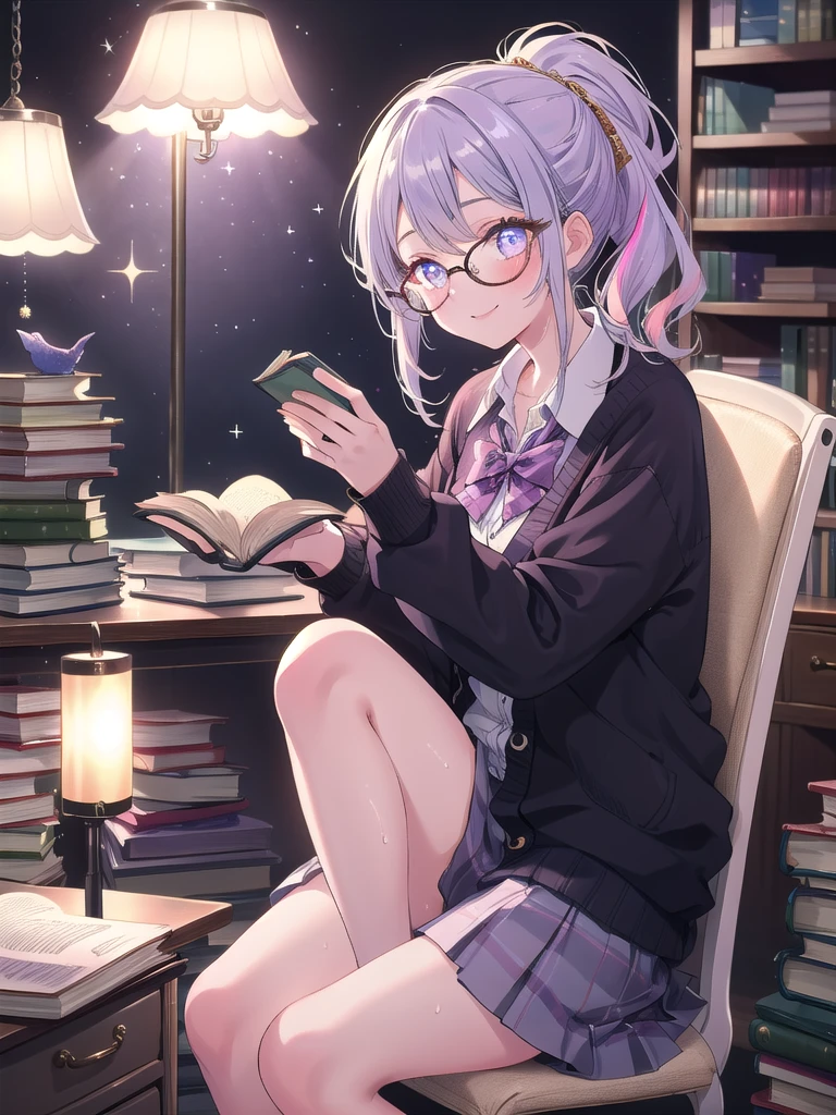 ((8k, Highest quality, masterpiece: 1.3)),Ultra-high resolution,(1 girl, alone), (Color changing eyes, Ultra-detailed, Expressive brilliance, Glitter, Glowing Eyes), Highly detailed eyes, Highly detailed face, Random Hair, ((pastel colour)),A joyful young woman with pastel lavender hair styled into a simple ponytail, sitting at her desk in her softly lit bedroom during a quiet evening. She is dressed in a simple yet subtly sexy librarian cosplay, wearing a fitted cardigan over a blouse, a knee-length skirt, and a pair of reading glasses perched on her nose. The camera captures her from a frontal angle as she smiles gently while holding an open book, her expression full of warmth and knowledge. The room is warmly lit by a desk lamp, with a few stacked books on the desk, a cozy chair in the corner, and a peaceful, scholarly atmosphere, (nsfw:1.2)