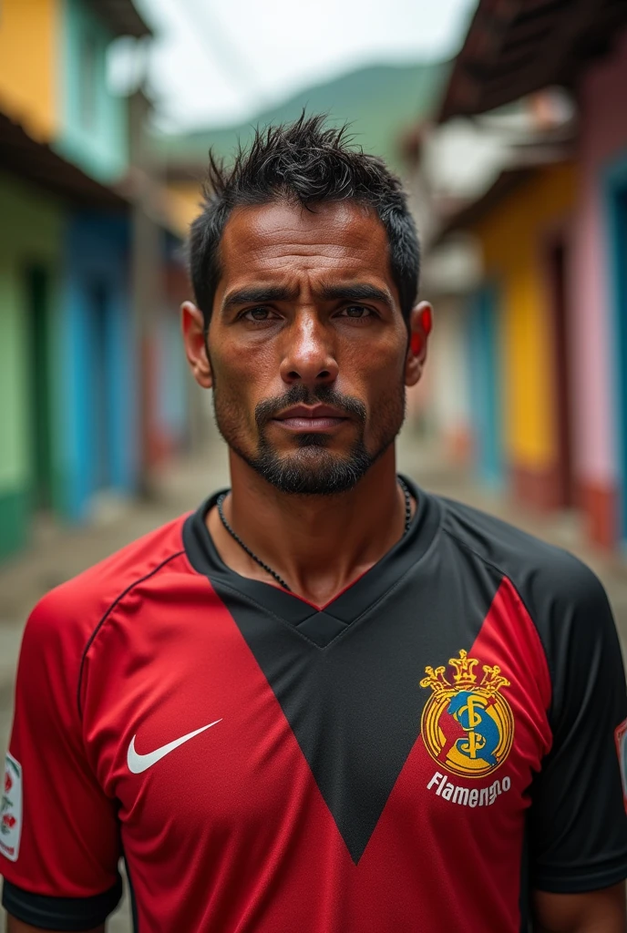 Average Brazilian from the favela, with big lips, Flamengo clothes