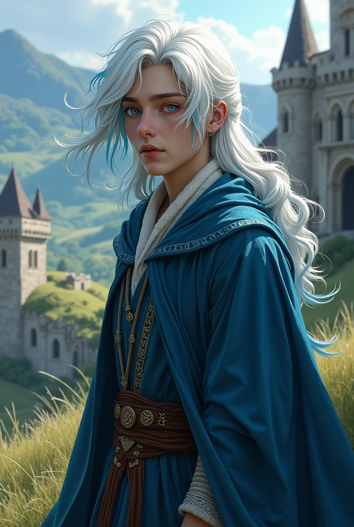 With white hair and blue hair tips, he is a wizard. His eye color is a light blue, and he is a young man from a medieval period.