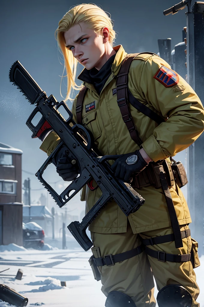 Crazy-looking blonde Russian soldier holding a chainsaw and shotgun