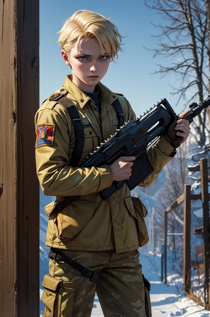 Crazy-looking blonde Russian soldier holding a chainsaw and shotgun