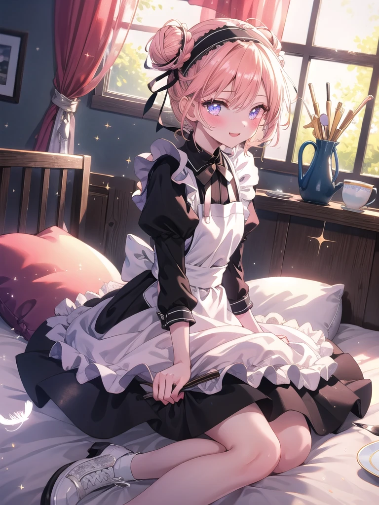 ((8k, Highest quality, masterpiece: 1.3)),Ultra-high resolution,(1 girl, alone), (Color changing eyes, Ultra-detailed, Expressive brilliance, Glitter, Glowing Eyes), Highly detailed eyes, Highly detailed face, Random Hair, ((pastel colour)),A cheerful young woman with pastel peach-colored hair styled into a simple bun, sitting cross-legged on her bed in her brightly lit bedroom during a sunny morning. She is dressed in a cute yet subtly sexy maid cosplay, wearing a short black dress with a white apron and a matching headband. The camera captures her from a slightly low angle as she smiles brightly while holding a feather duster, her expression full of playfulness and charm. The room is bathed in natural sunlight, with a few neatly arranged pillows on the bed, a small tea set on a tray, and a tidy, welcoming atmosphere, (nsfw:1.2)